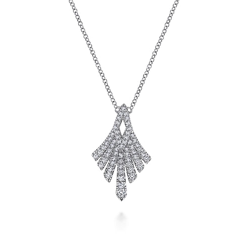 14K White Gold Pavé Diamond Fan Station Pendant Necklace