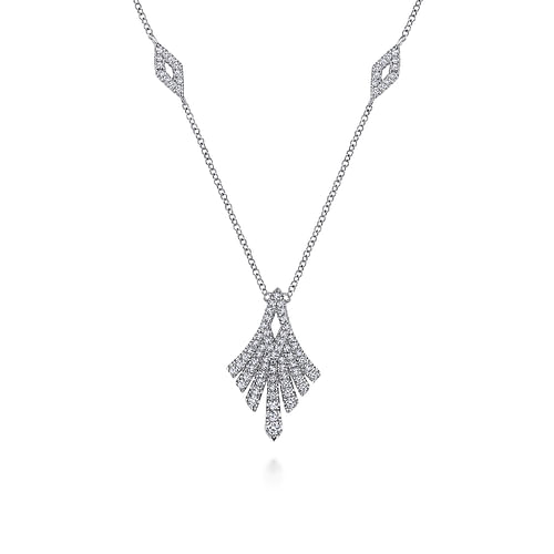 14K White Gold Pavé Diamond Fan Station Pendant Necklace