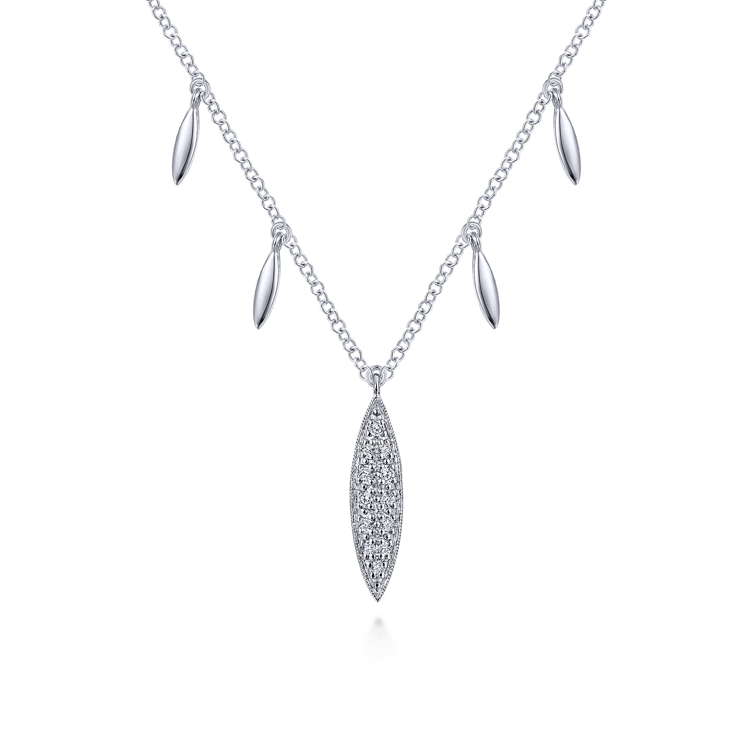 14K White Gold Pavé Diamond Marquise Pendant Necklace with Side Drops