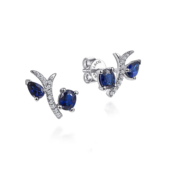 Gabriel - 14K White Gold Pavé Diamond Oval & Pear Cut Sapphire Stud Earrings