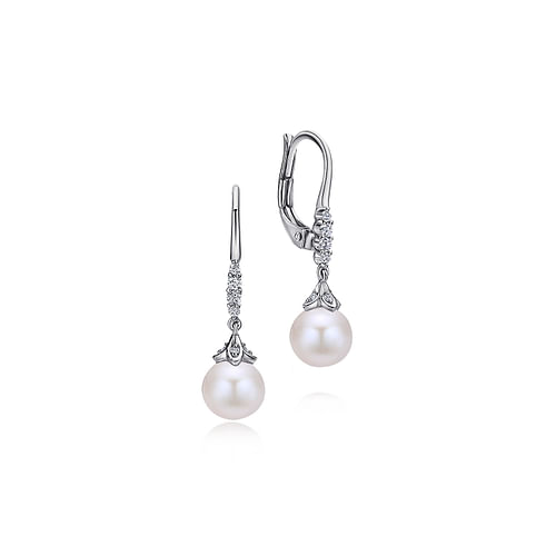 14K White Gold Pavé Diamond Pearl Drop Earrings