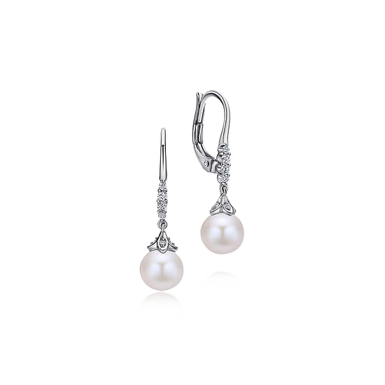 Gabriel - 14K White Gold Pavé Diamond Pearl Drop Earrings