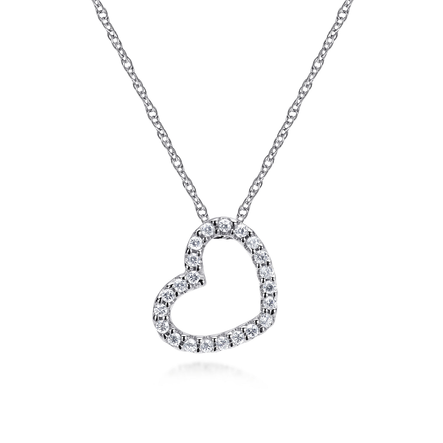14K White Gold Pavé Diamond Sidways Open Heart Pendant Necklace