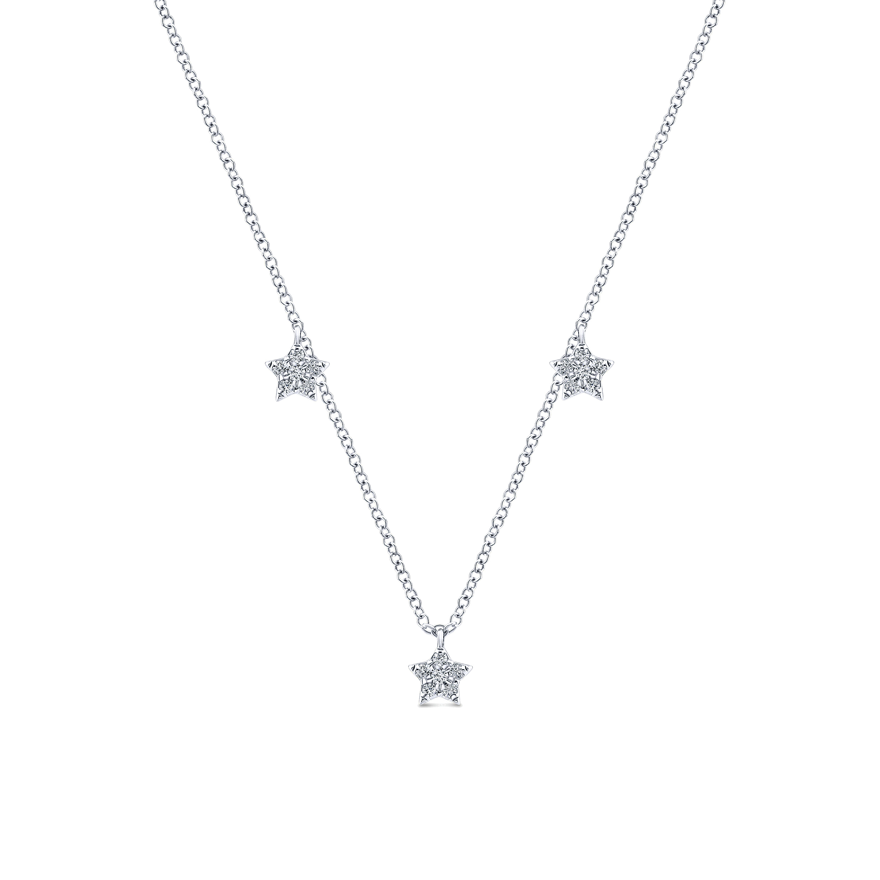 14K White Gold Pavé Diamond Star Station Necklace