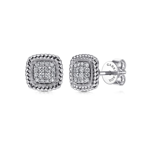 14K White Gold Pavé Diamond Stud Earrings with Twisted Rope Frame 