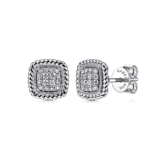 Gabriel - 14K White Gold Pavé Diamond Stud Earrings with Twisted Rope Frame 