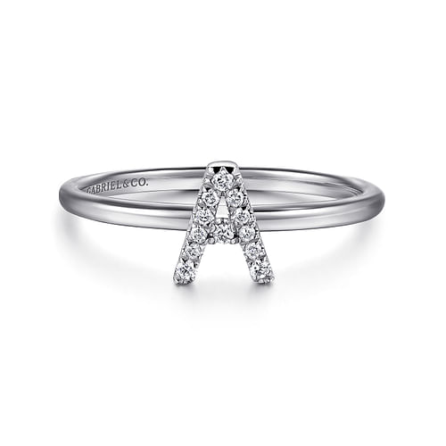 14K White Gold Pavé Diamond Uppercase A Initial Ring