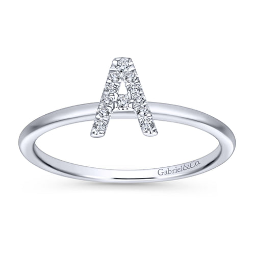 14K White Gold Pavé Diamond Uppercase A Initial Ring