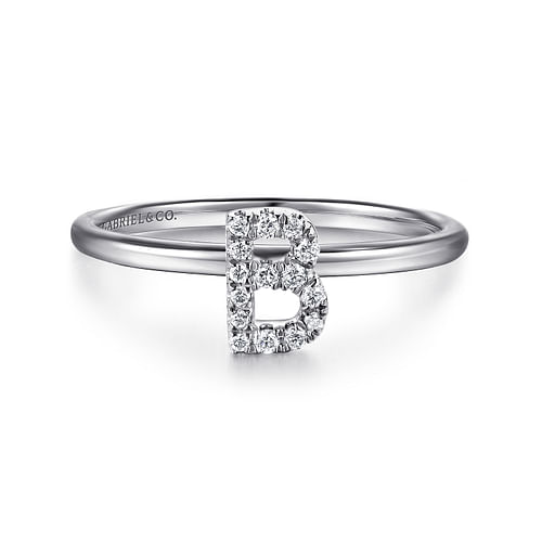 14K White Gold Pavé Diamond Uppercase B Initial Ring