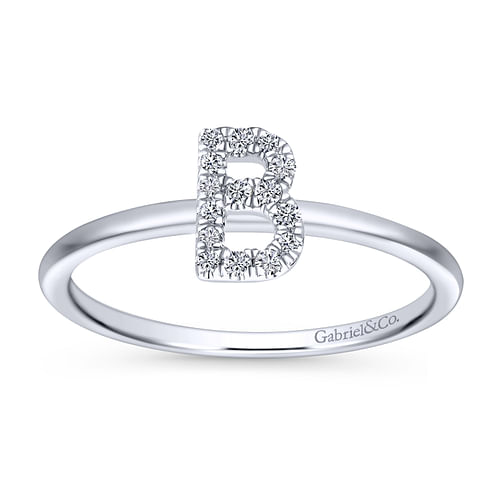 14K White Gold Pavé Diamond Uppercase B Initial Ring