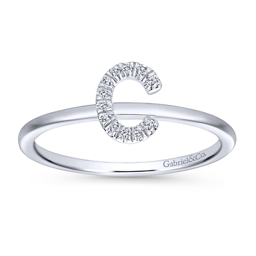 14K White Gold Pavé Diamond Uppercase C Initial Ring