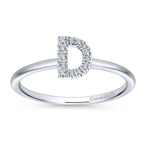 14K White Gold Pavé Diamond Uppercase D Initial Ring