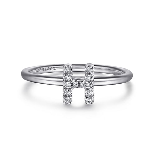 14K White Gold Pavé Diamond Uppercase H Initial Ring