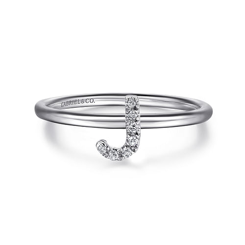 14K White Gold Pavé Diamond Uppercase J Initial Ring