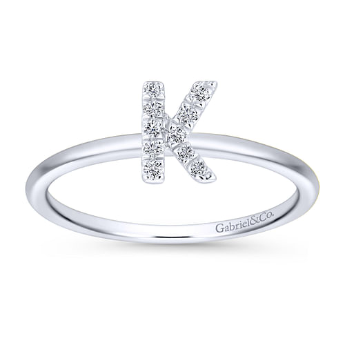 14K White Gold Pavé Diamond Uppercase K Initial Ring