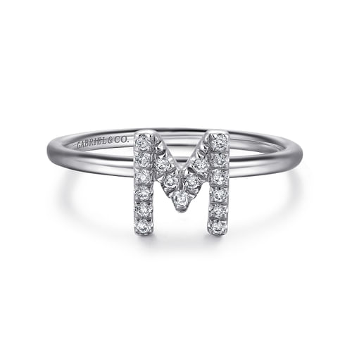14K White Gold Pavé Diamond Uppercase M Initial Ring