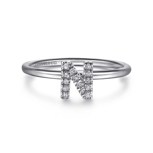 14K White Gold Pavé Diamond Uppercase N Initial Ring