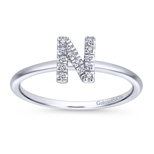 14K White Gold Pavé Diamond Uppercase N Initial Ring