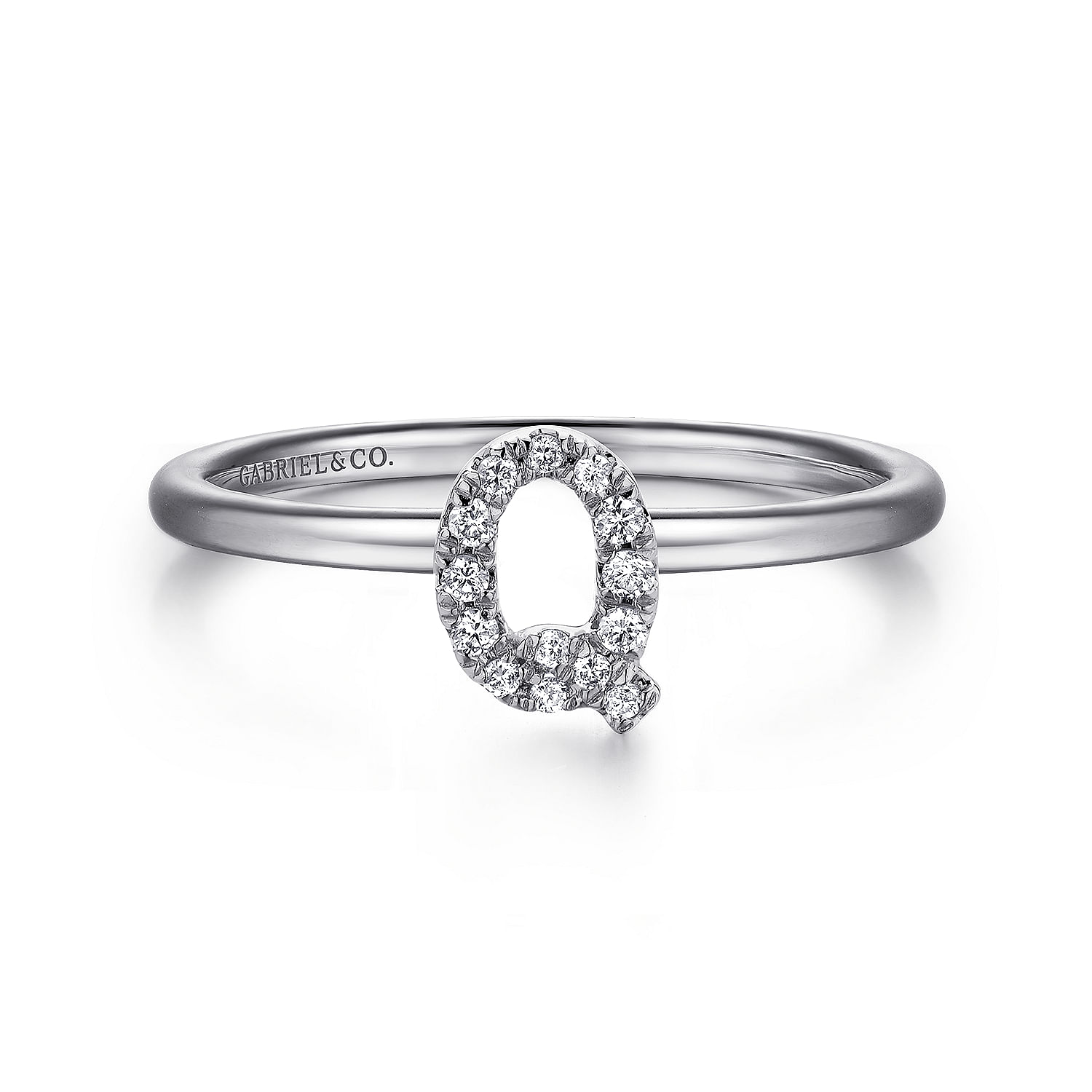 14K White Gold Pavé Diamond Uppercase Q Initial Ring