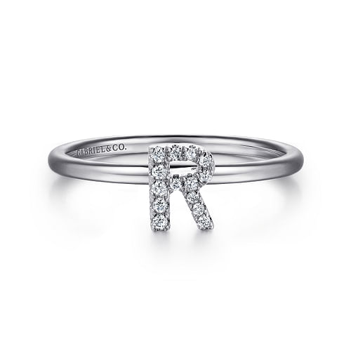 14K White Gold Pavé Diamond Uppercase R Initial Ring