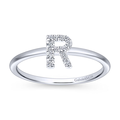 14K White Gold Pavé Diamond Uppercase R Initial Ring