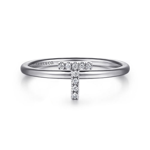 14K White Gold Pavé Diamond Uppercase T Initial Ring