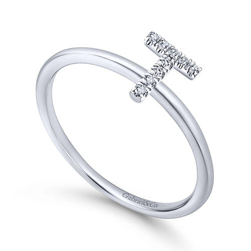 14K White Gold Pavé Diamond Uppercase T Initial Ring