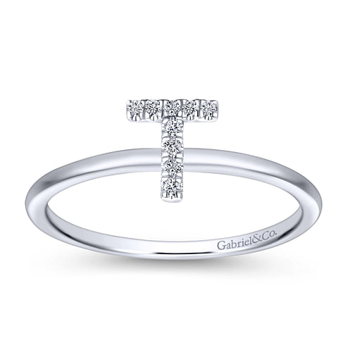 14K White Gold Pavé Diamond Uppercase T Initial Ring