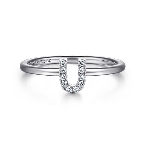 14K White Gold Pavé Diamond Uppercase U Initial Ring