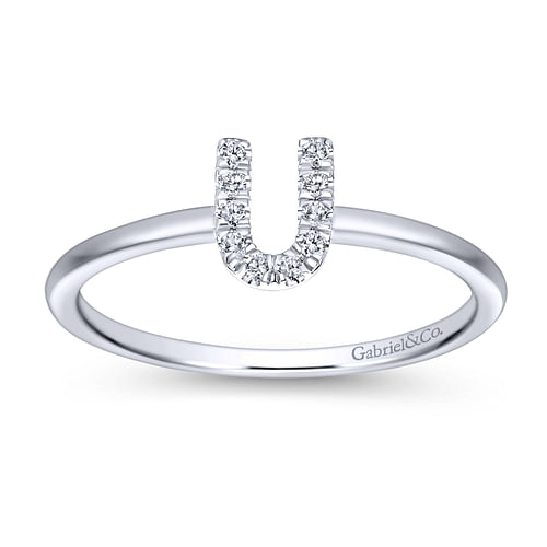 14K White Gold Pavé Diamond Uppercase U Initial Ring