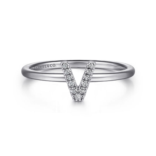 14K White Gold Pavé Diamond Uppercase V Initial Ring