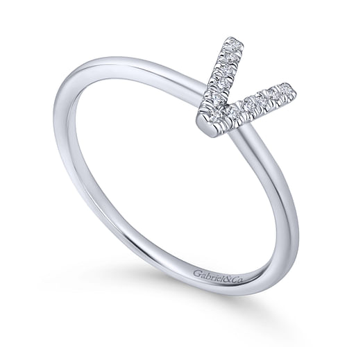 14K White Gold Pavé Diamond Uppercase V Initial Ring