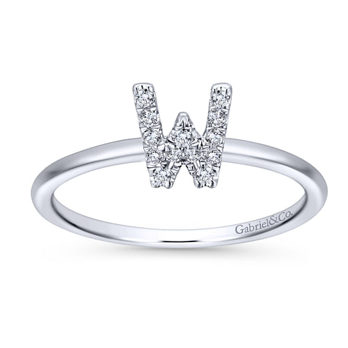 14K White Gold Pavé Diamond Uppercase W Initial Ring