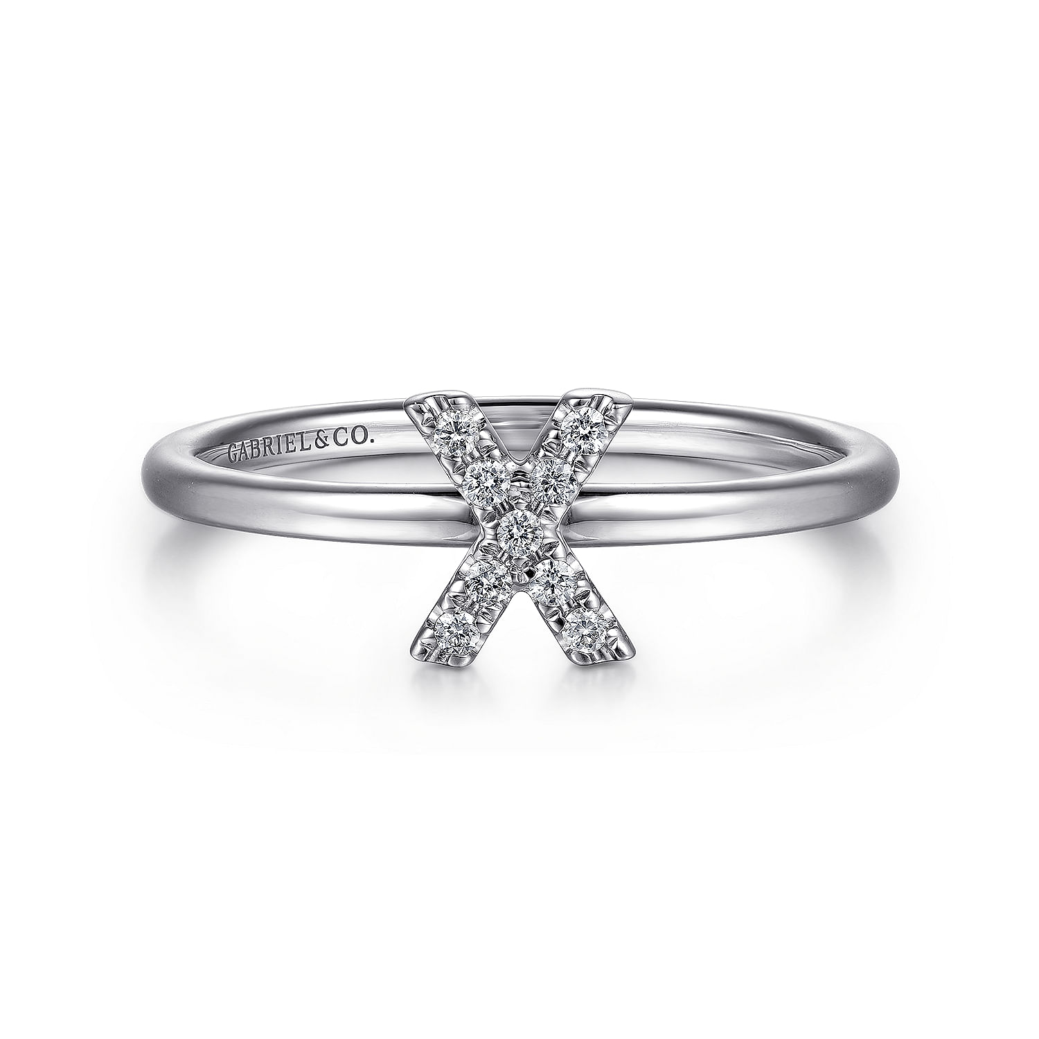 14K White Gold Pavé Diamond Uppercase X Initial Ring