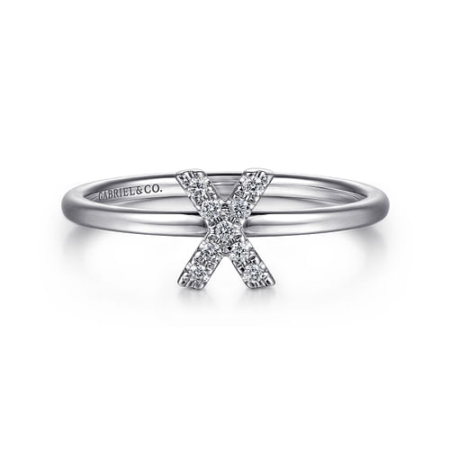 14K White Gold Pavé Diamond Uppercase X Initial Ring