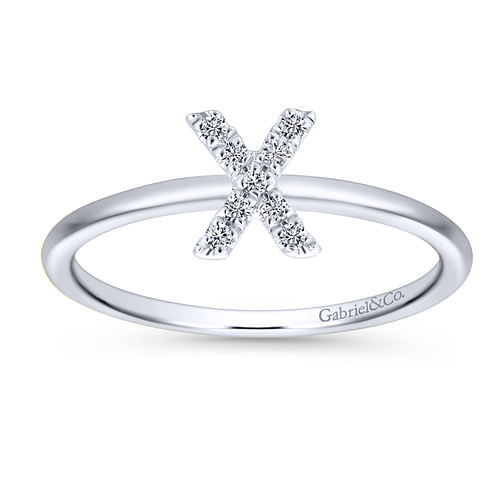 14K White Gold Pavé Diamond Uppercase X Initial Ring