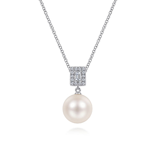 14K White Gold Pavé Diamond and Pearl Pendant Necklace