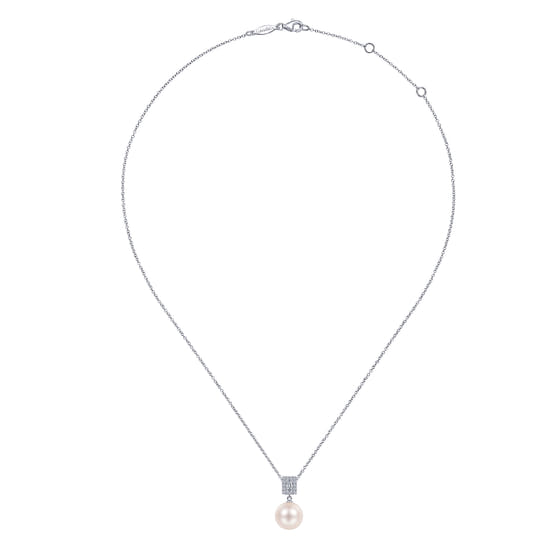 14K White Gold Pavé Diamond and Pearl Pendant Necklace angle 2