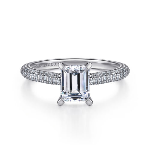 14K White Gold Pavé Emerald Cut Diamond Engagement Ring