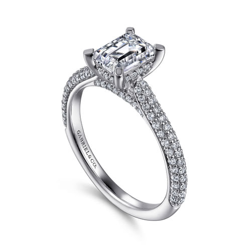 14K White Gold Pavé Emerald Cut Diamond Engagement Ring