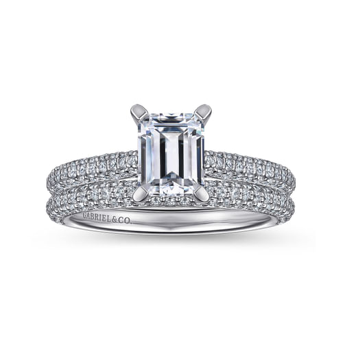 14K White Gold Pavé Emerald Cut Diamond Engagement Ring