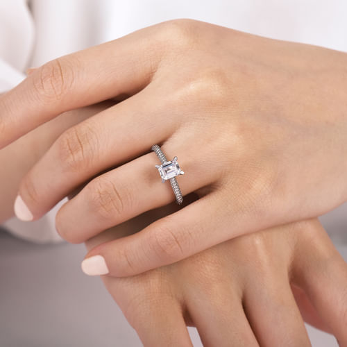 14K White Gold Pavé Emerald Cut Diamond Engagement Ring