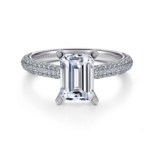 14K White Gold Pavé Emerald Cut Diamond Engagement Ring