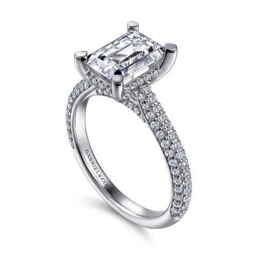 14K White Gold Pavé Emerald Cut Diamond Engagement Ring