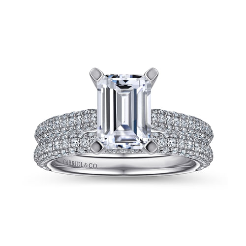 14K White Gold Pavé Emerald Cut Diamond Engagement Ring