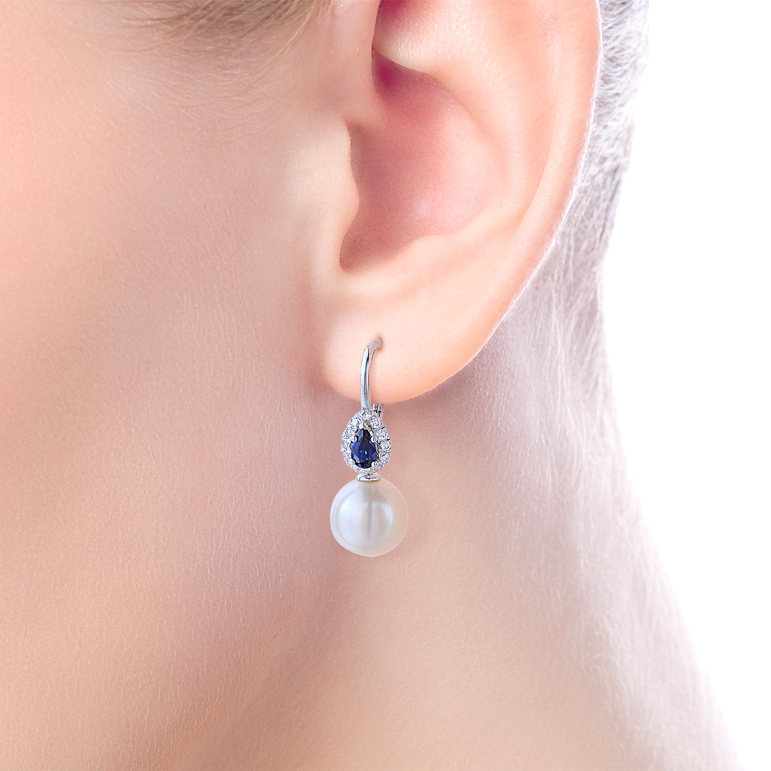 14K White Gold Pear Sapphire and Diamond Halo Earrings with Pearl Drops