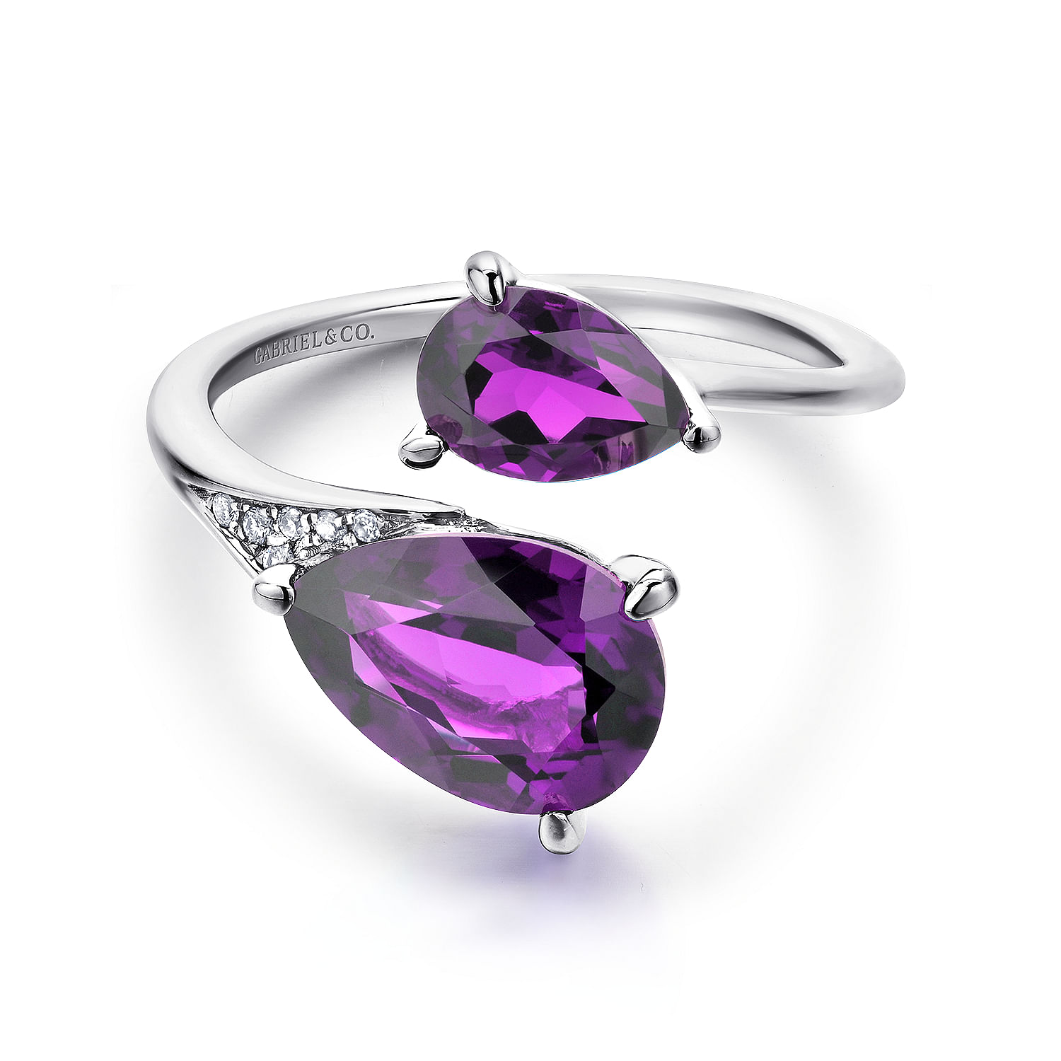 14K White Gold Pear Shape Amethyst Split Ring with Diamond Accents
