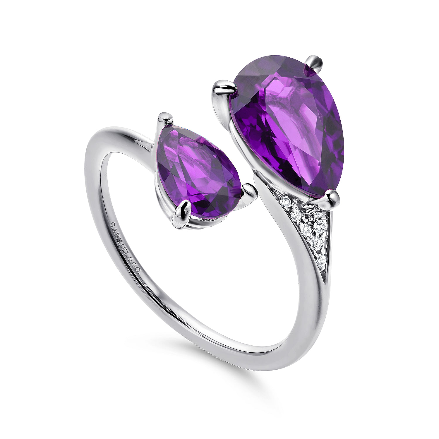 14K White Gold Pear Shape Amethyst Split Ring with Diamond Accents