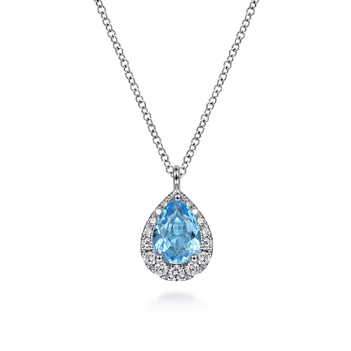 14K White Gold Pear Shape Blue Topaz and Diamond Halo Pendant Necklace