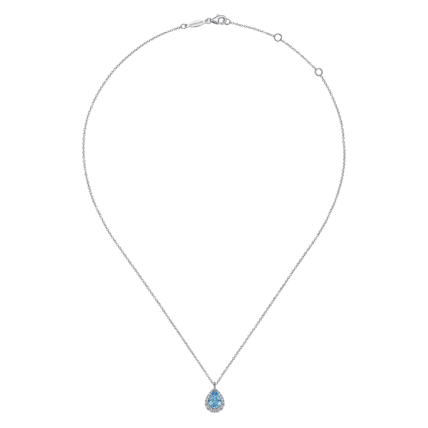 14K White Gold Pear Shape Blue Topaz and Diamond Halo Pendant Necklace